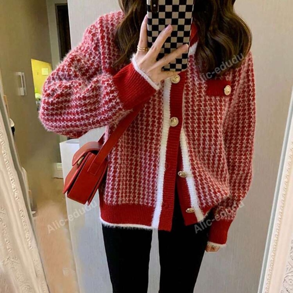 Houndstooth Cardigan with Red/White Detail
